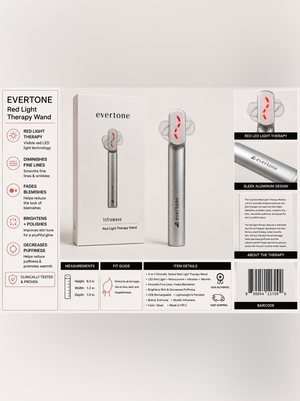 Evertone Silver Red Light Therapy Wand - InfraWave